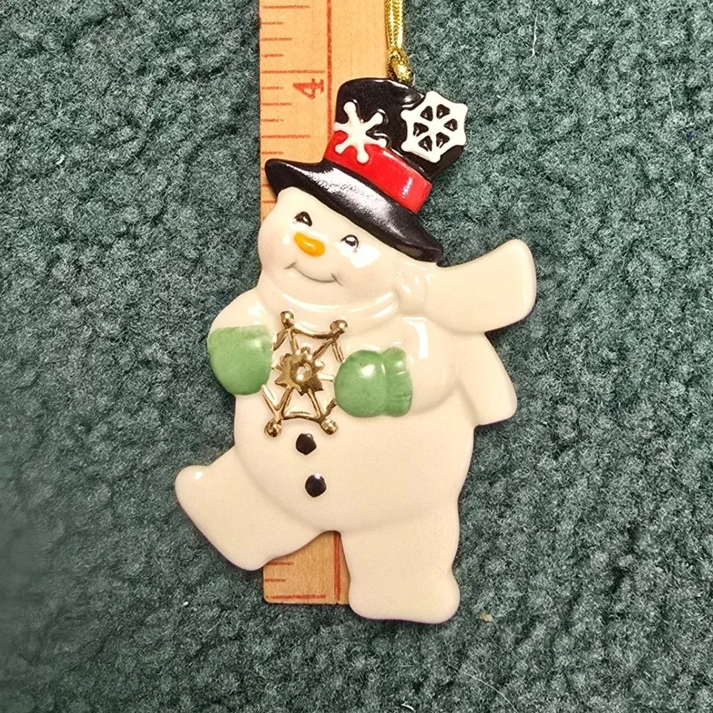 Lenox Snowflake Snowman Ornament Porcelain 4in Ivory Black Green RED 857519 NIB